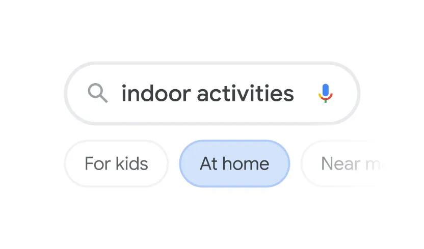 Search bar illlustration with the query "indoor activities" with topic filters below