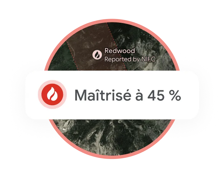 Illustration montrant la carte d’un incendie et indiquant qu’il est maîtrisé à 45 %