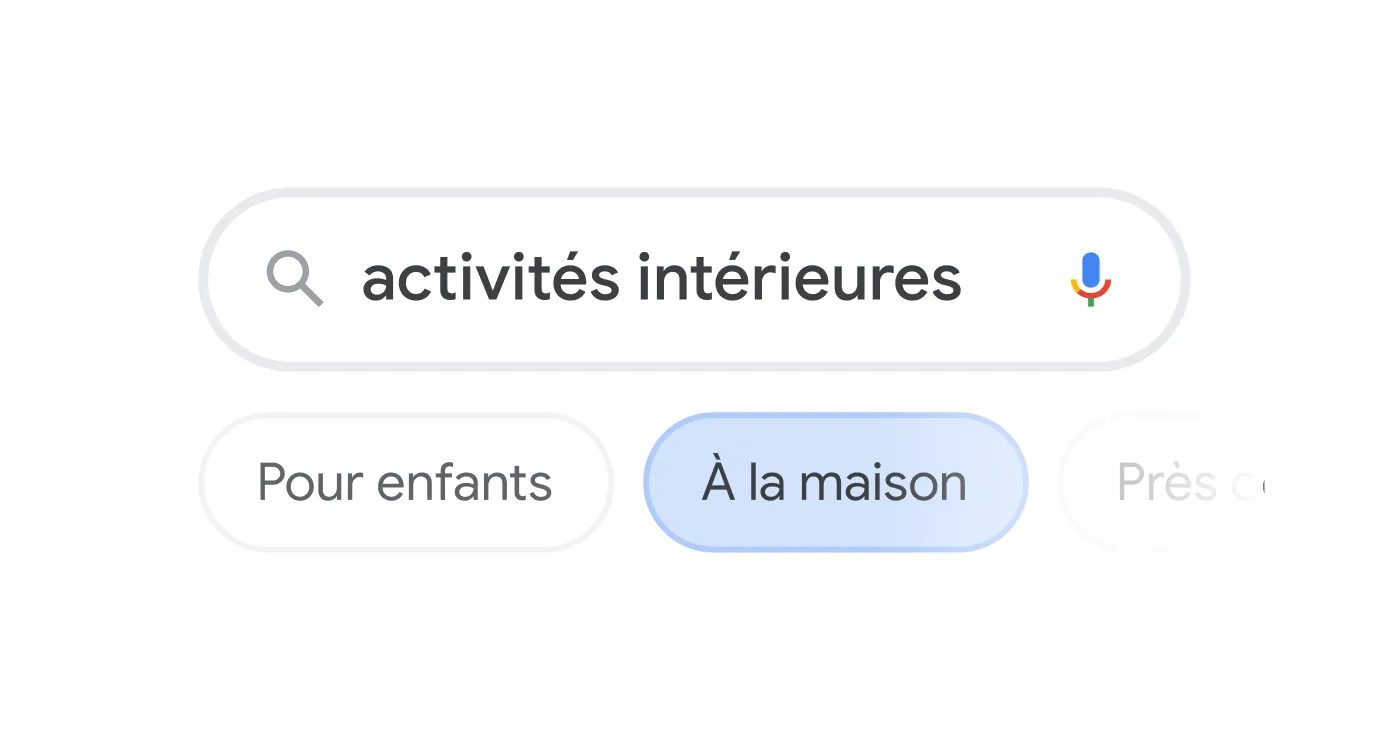 Illustration de barre de recherche avec la requête «&nbsp;activités intérieures&nbsp;» et les filtres au-dessous