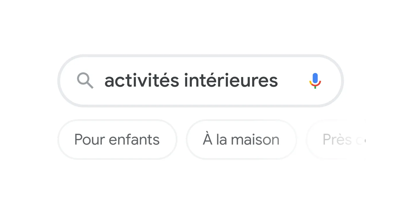 Illustration de barre de recherche avec la requête « activités intérieures » et les filtres au-dessous